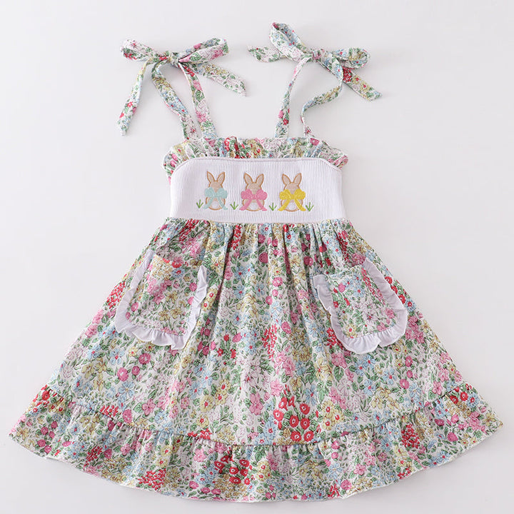 Floral Print Bunny Embroidered Smocked Dress