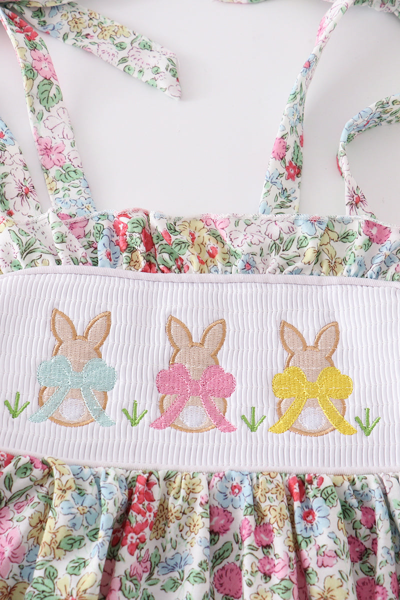 Floral Print Bunny Embroidered Smocked Dress