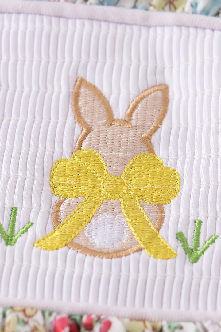 Floral Print Bunny Embroidered Smocked Dress