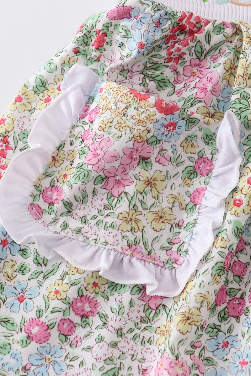 Floral Print Bunny Embroidered Smocked Dress