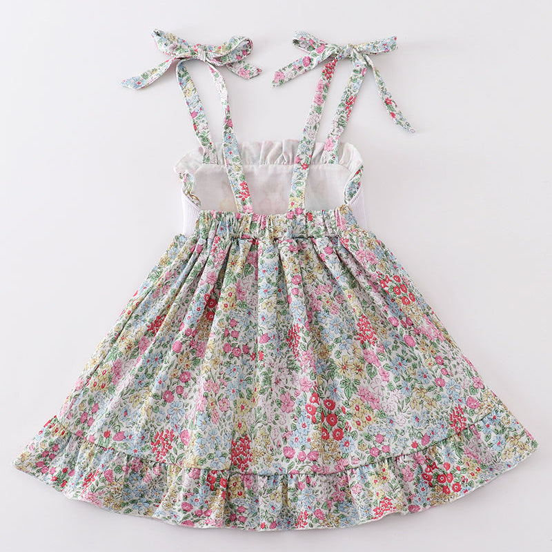 Floral Print Bunny Embroidered Smocked Dress