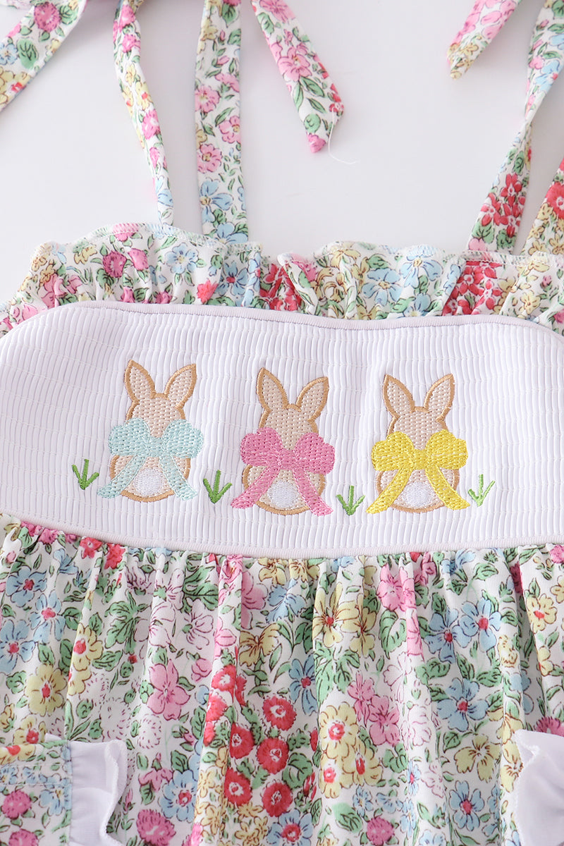 Floral Print Bunny Embroidered Smocked Set