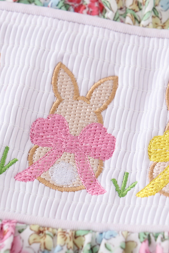 Floral Print Bunny Embroidered Smocked Set