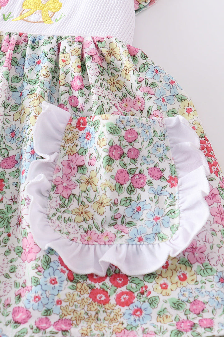 Floral Print Bunny Embroidered Smocked Set