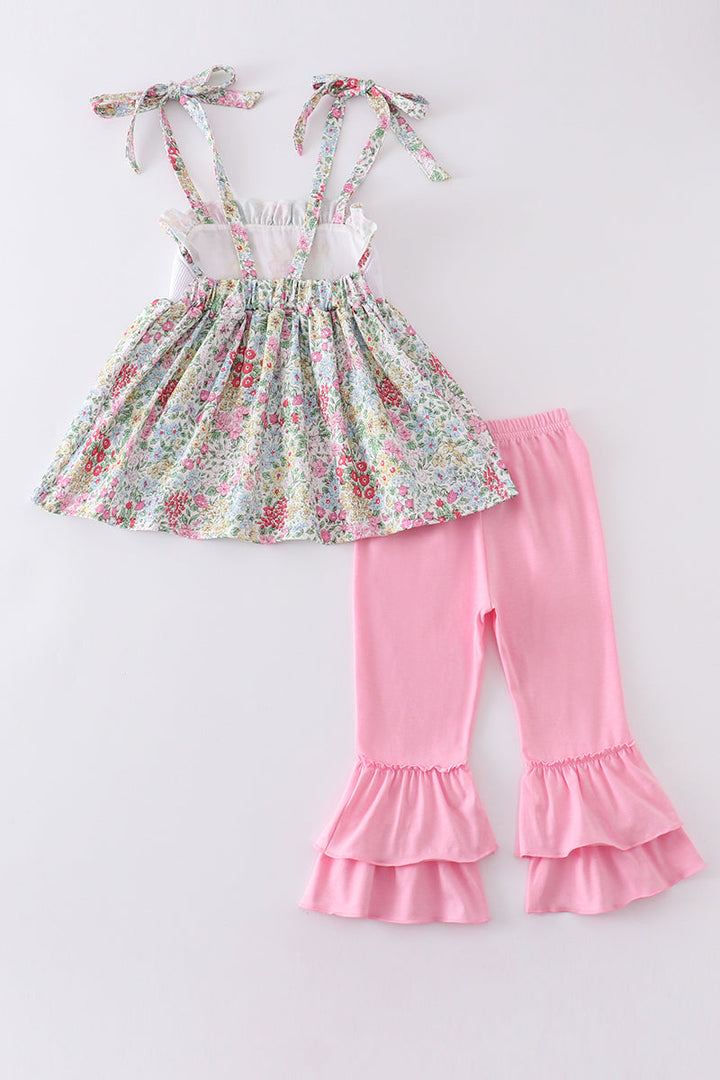 Floral Print Bunny Embroidered Smocked Set