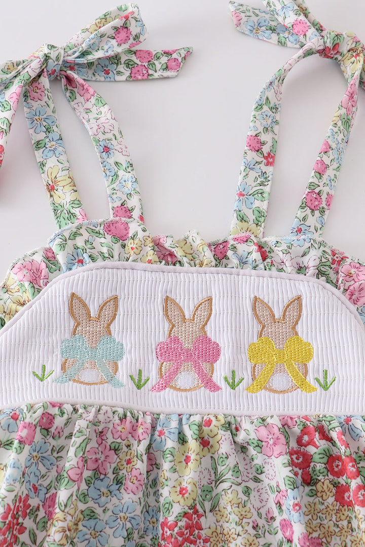 Floral Print Bunny Embroidered Smocked Bubble