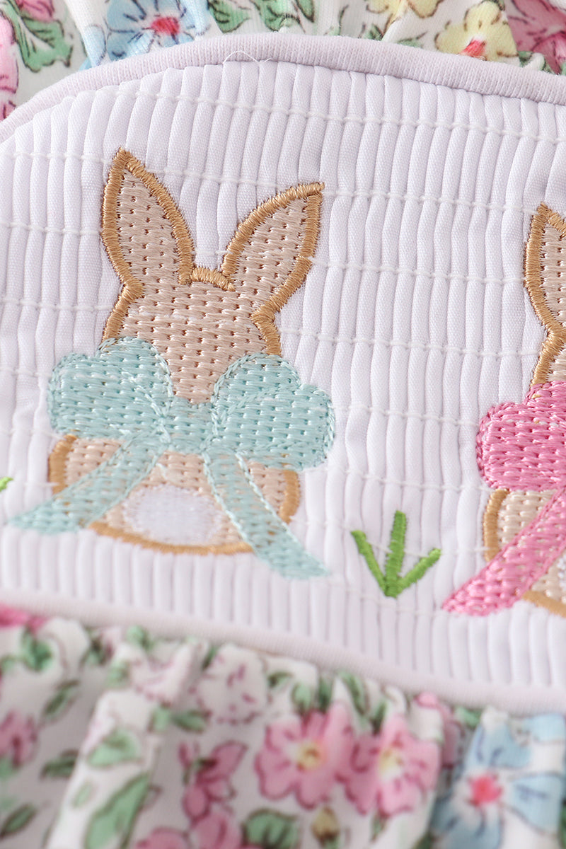 Floral Print Bunny Embroidered Smocked Bubble