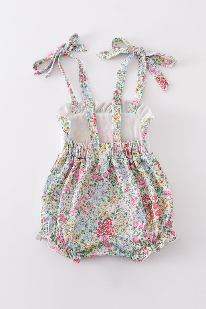 Floral Print Bunny Embroidered Smocked Bubble