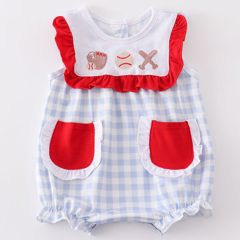 Blue Plaid Baseball Embroidered Bubble