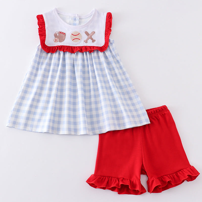 Blue Plaid  Baseball Embroidery Outfit