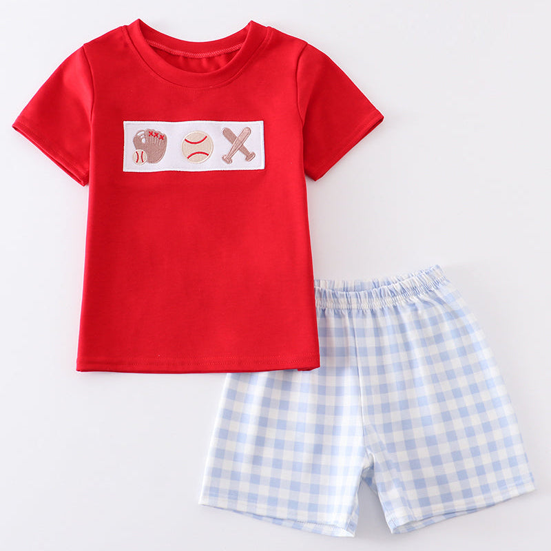 Blue Plaid Baseball Embroidered Outfit