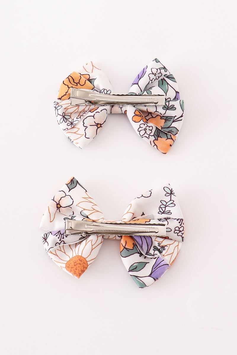 Coral Floral Print Piggie Hair Bows