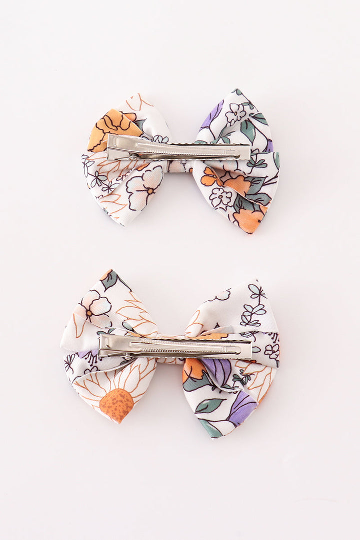 Coral Floral Print Piggie Hair Bows