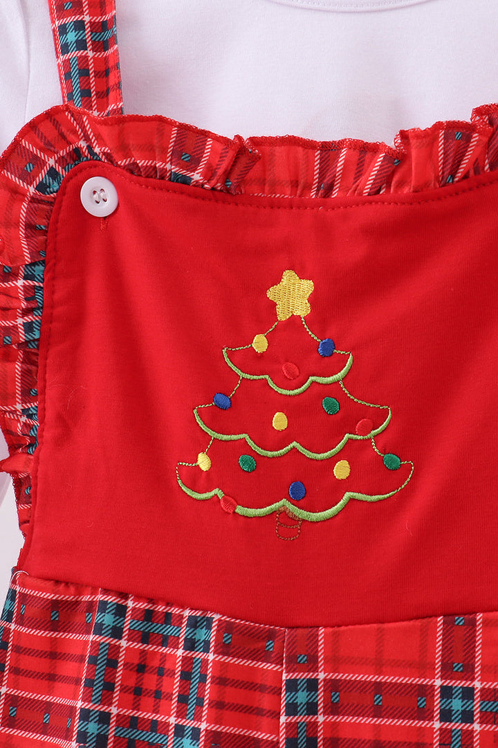 Red Tree Embroidered Plaid Ruffle Jumpsuit Set