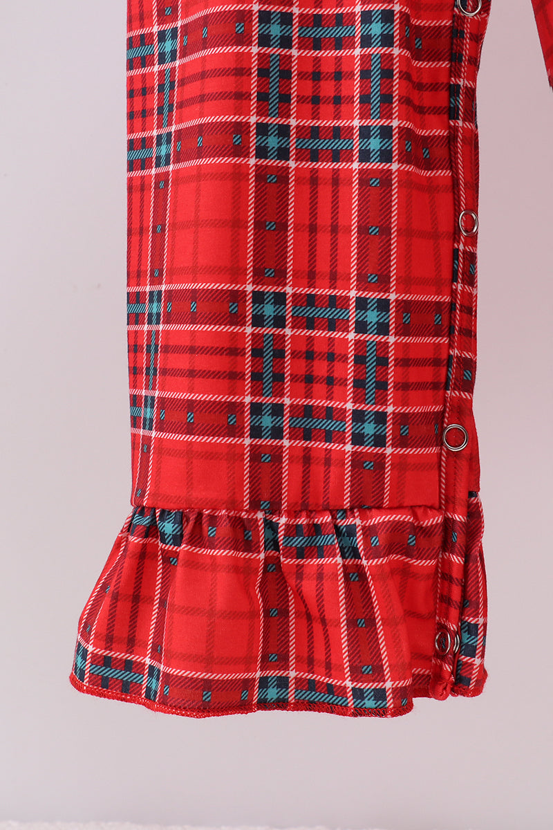 Red Tree Embroidered Plaid Ruffle Jumpsuit Set