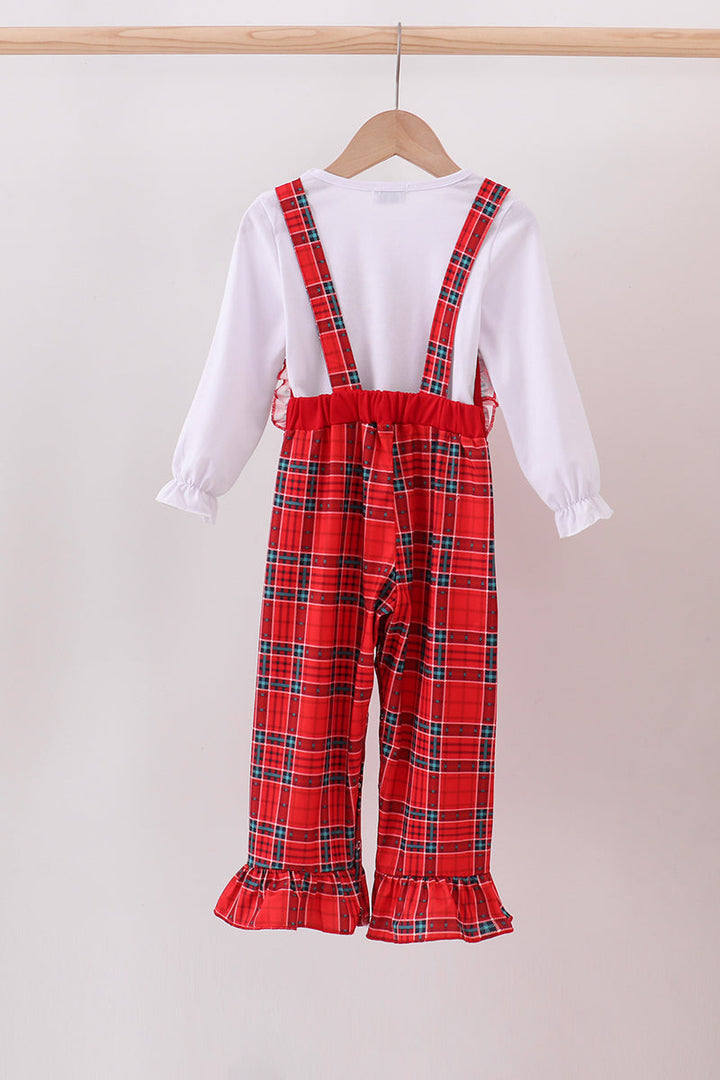 Red Tree Embroidered Plaid Ruffle Jumpsuit Set