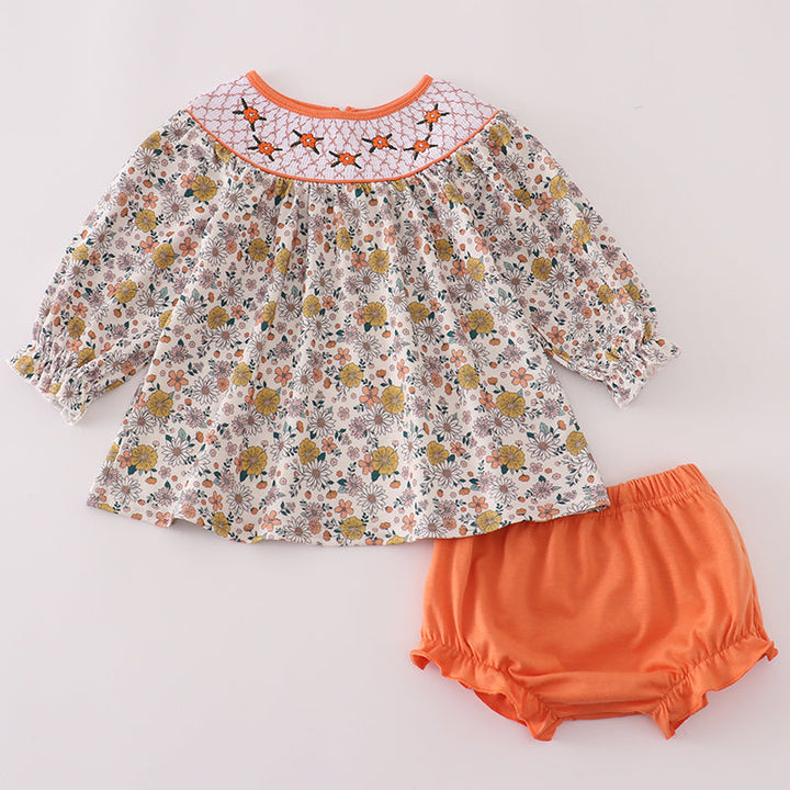 Floral Embroidered Smocked Bloomer Set