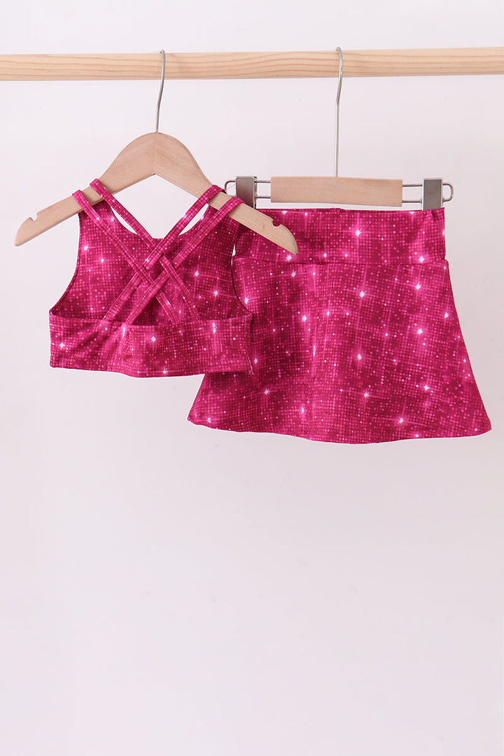 Wine Red Glitter Active Skort Set