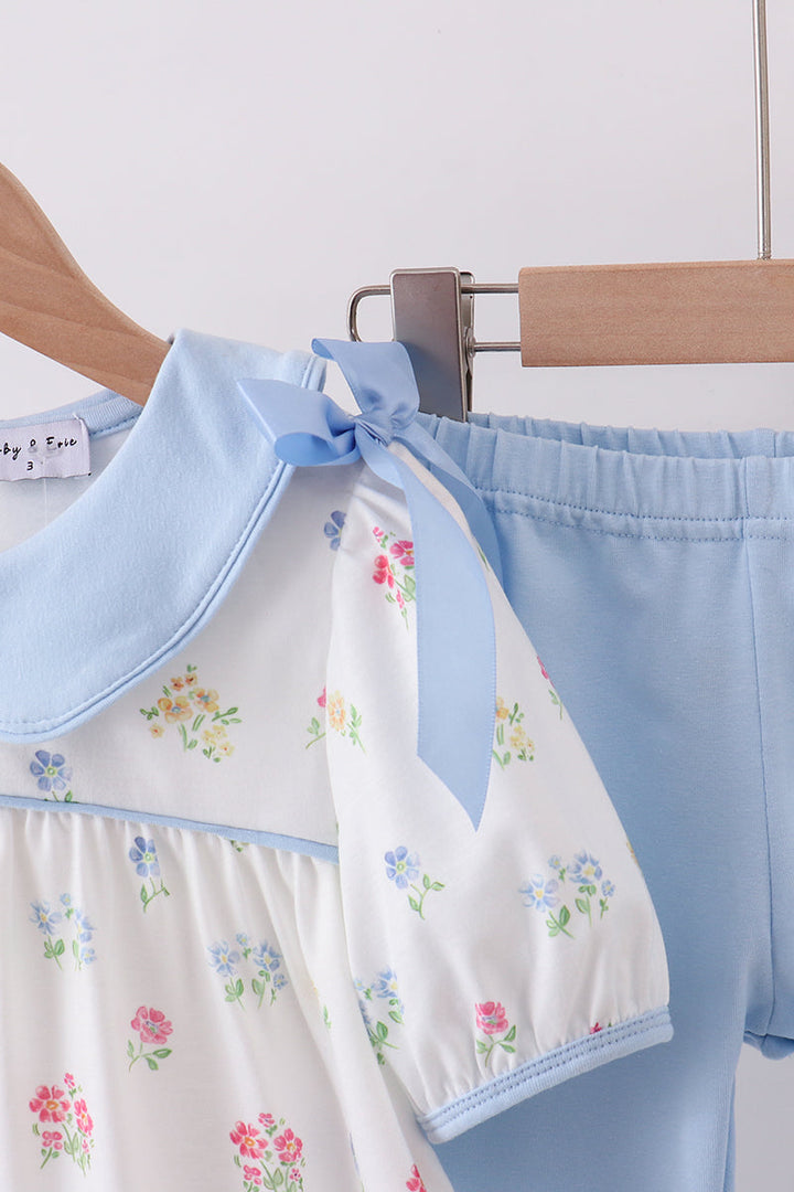 Blue Floral Bow Pants Set