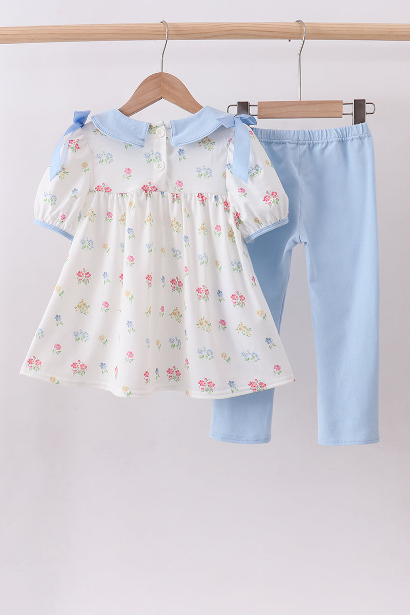 Blue Floral Bow Pants Set
