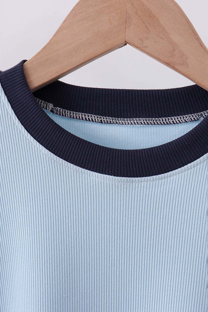 Blue Character Embroidered Stripe Shorts Set