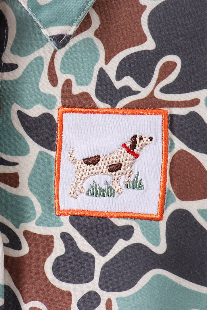 Camouflage Puppy Hunting Embroidered Button Shirt
