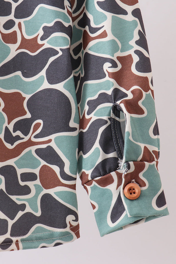 Camouflage Puppy Hunting Embroidered Button Shirt