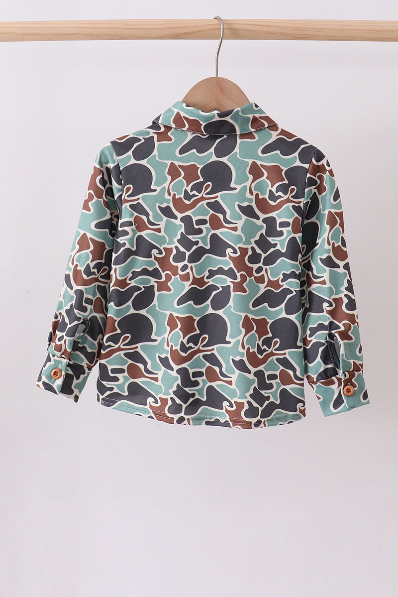 Camouflage Puppy Hunting Embroidered Button Shirt