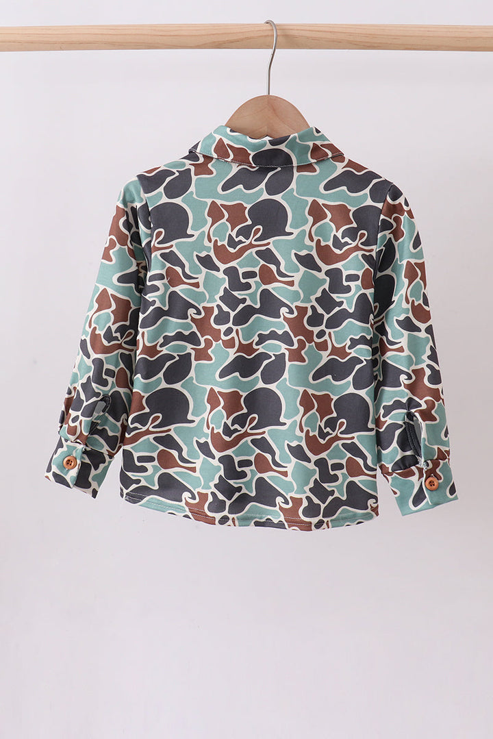 Camouflage Puppy Hunting Embroidered Button Shirt