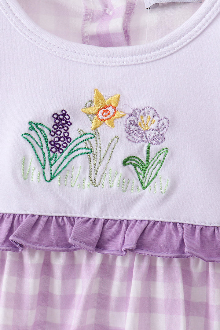 Purple Floral Embroidered Gingham Ruffle Bubble