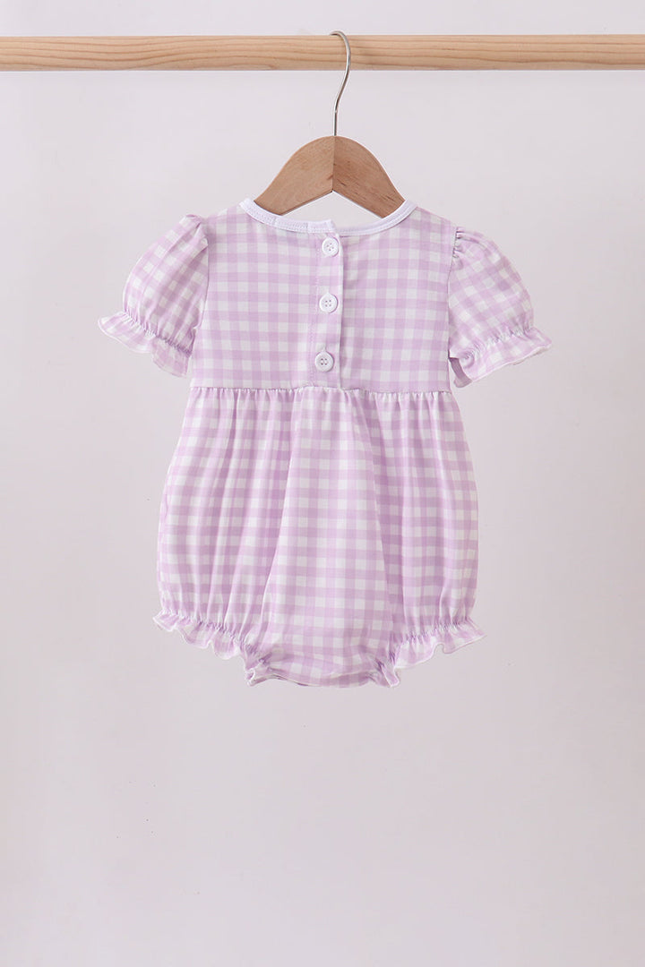 Purple Floral Embroidered Gingham Ruffle Bubble