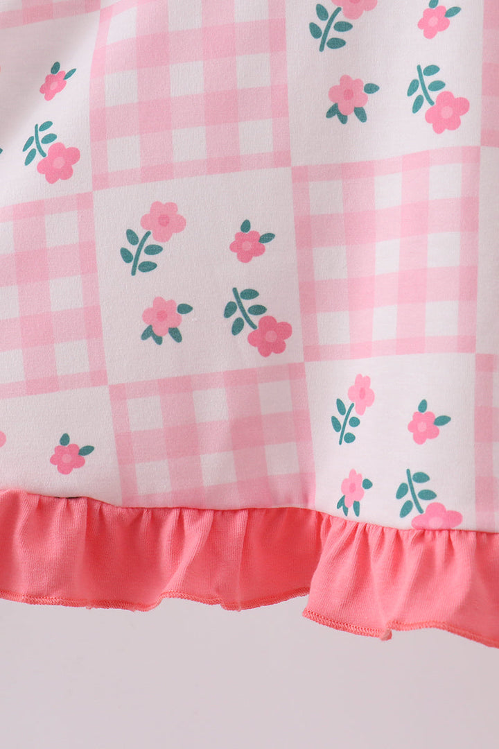 Pink Floral Gingham Ruffle Dress