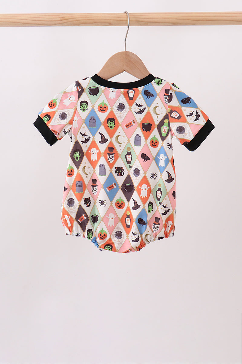 Kids Halloween cat bubble romper, white multicolor spooky print, black collar and cuffs