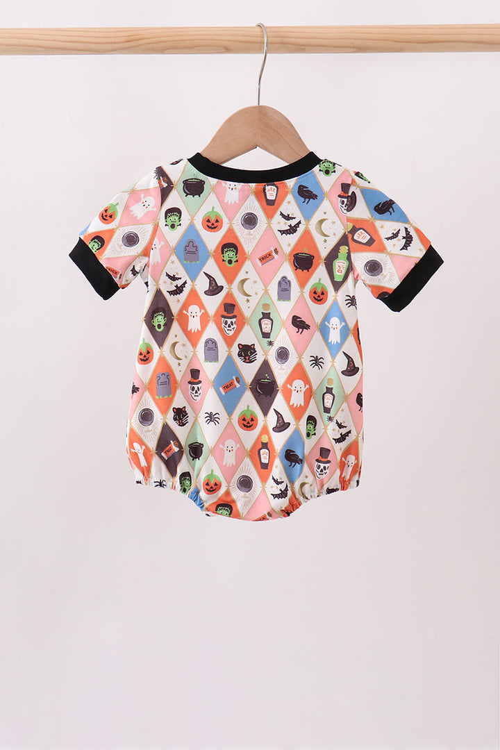 Kids Halloween cat bubble romper, white multicolor spooky print, black collar and cuffs