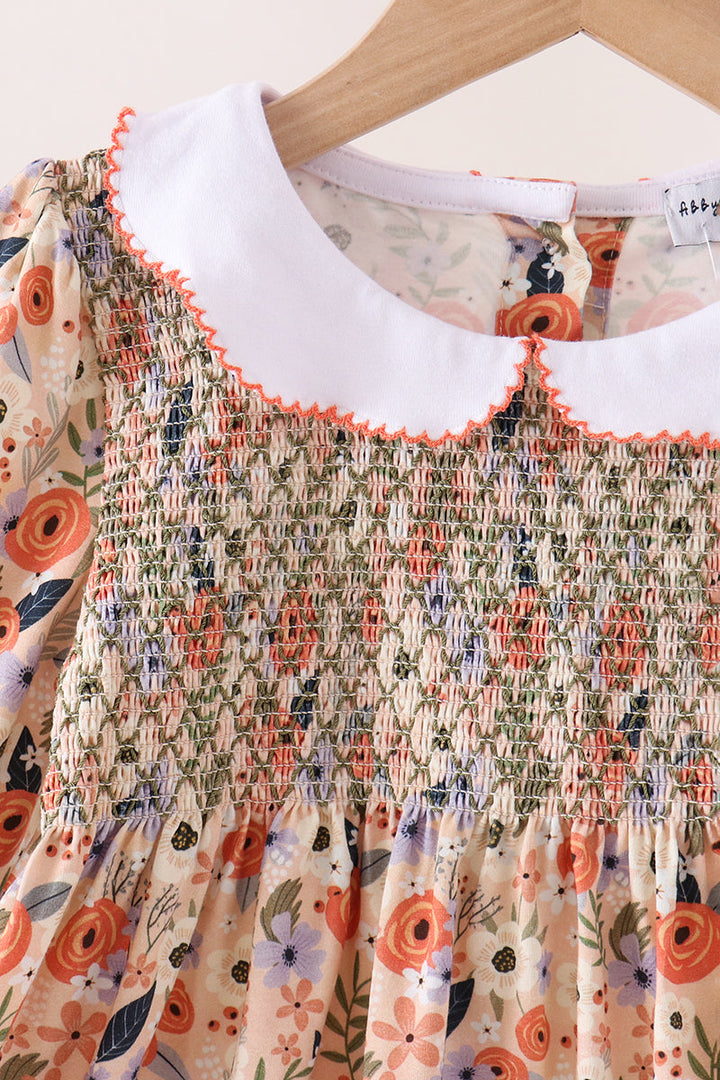 Coral Floral Smocked Long Sleeve Dress