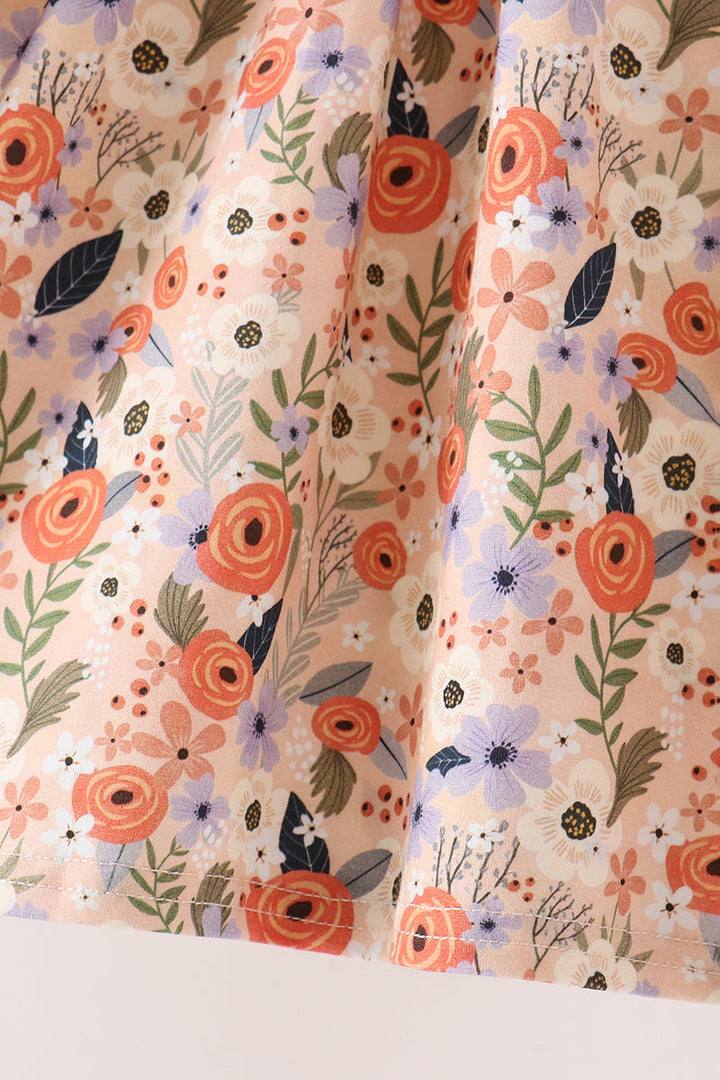 Coral Floral Smocked Long Sleeve Dress