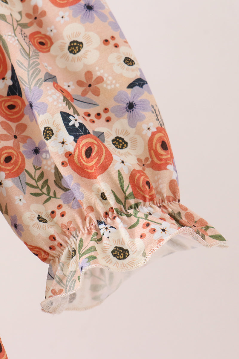 Coral Floral Smocked Long Sleeve Dress