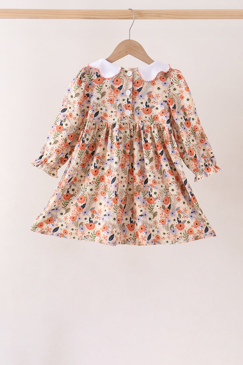 Coral Floral Smocked Long Sleeve Dress