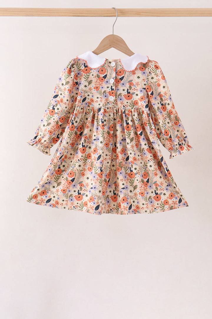 Coral Floral Smocked Long Sleeve Dress