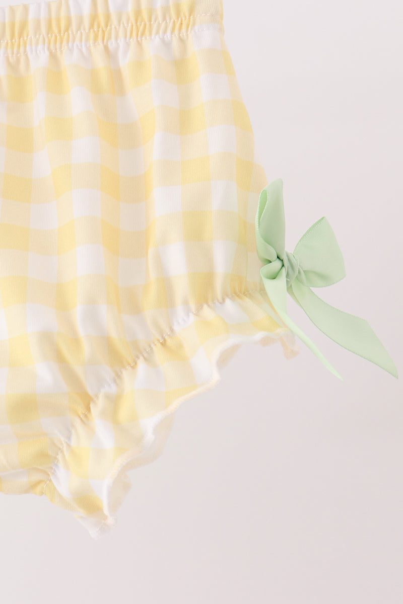 Yellow and white gingham bloomer with ruffle hem and matching bow