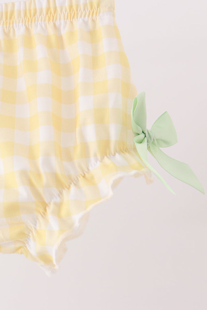 Yellow and white gingham bloomer with ruffle hem and matching bow