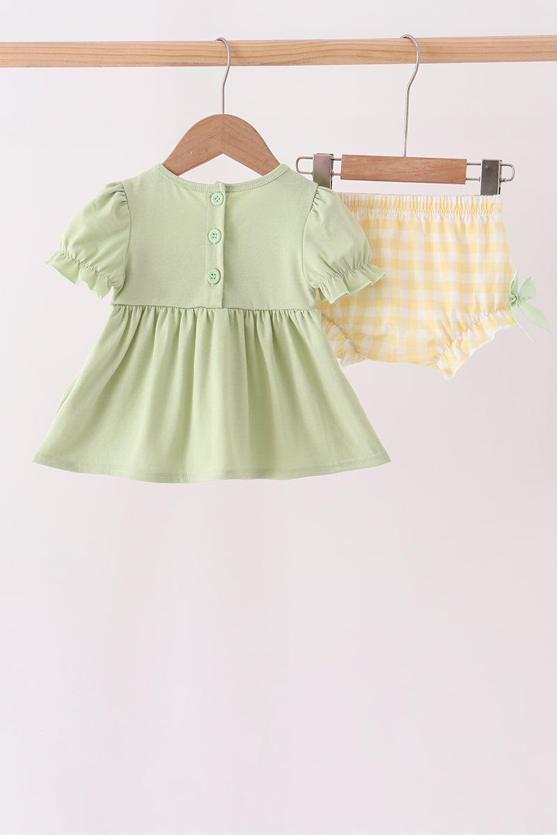 Green short-sleeve dress with button back and yellow gingham bloomer set