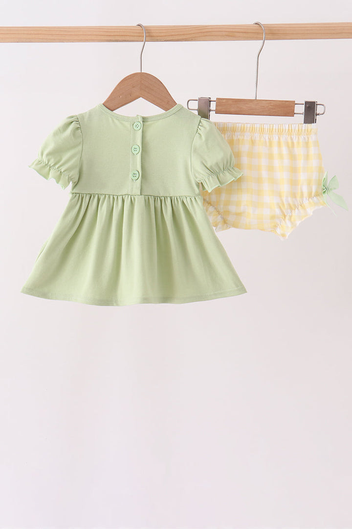 Green short-sleeve dress with button back and yellow gingham bloomer set