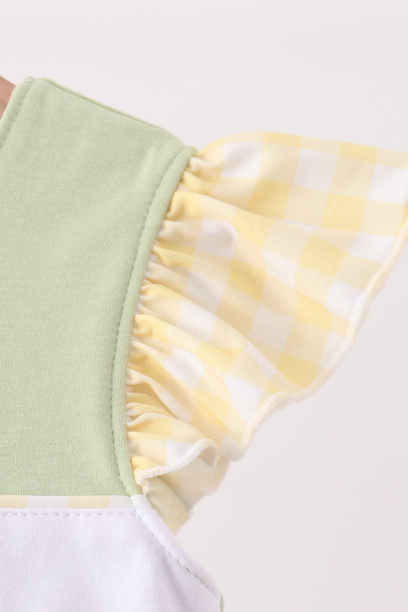 Light green dress cap sleeve with ruched white gingham ruffle trim
