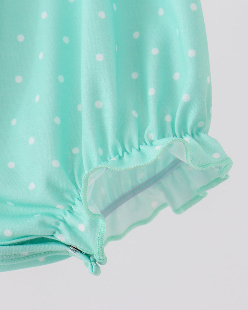 Mint polka-dot bubble legs with gathered cuffs and ruffled hem