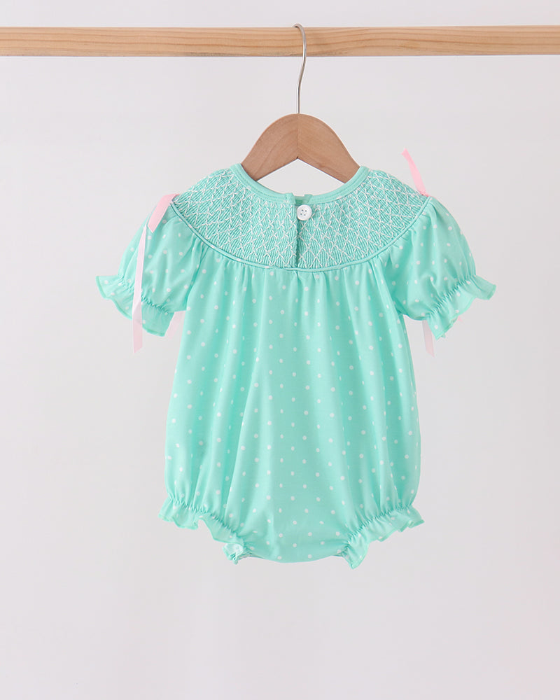 Mint green baby bubble back with white polka dots, ruffled collar, flutter sleeves