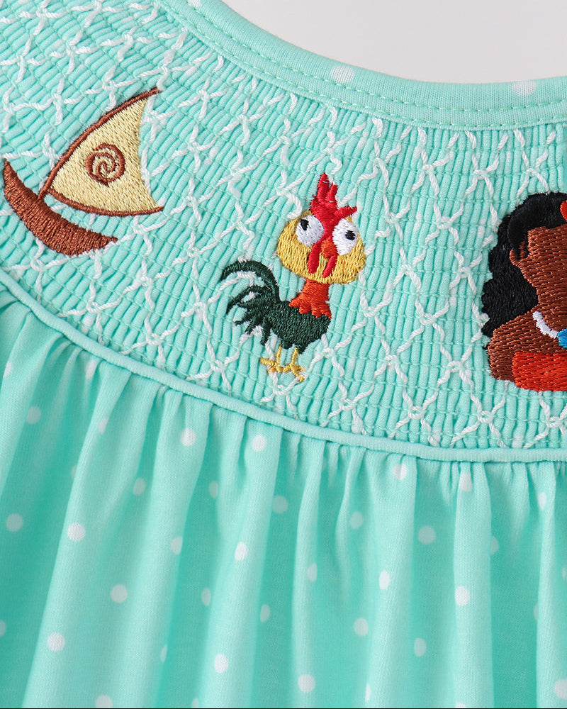 Mint smocked ruffle top neckline with embroidered rooster and girl characters
