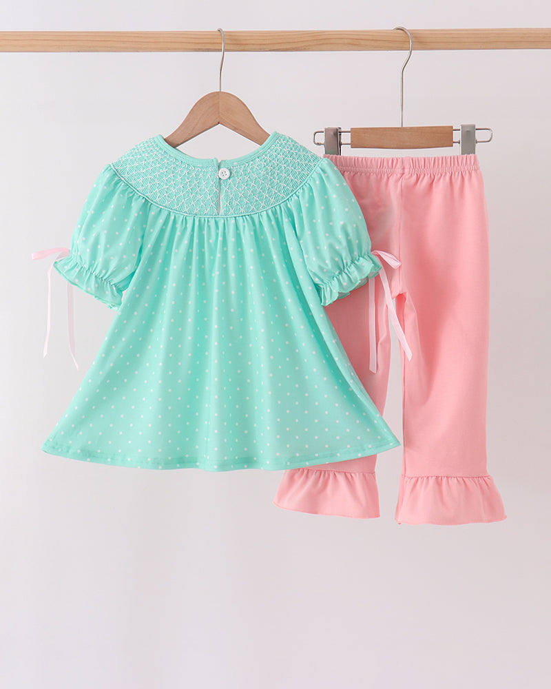 Mint polka-dot smocked ruffle tunic with pink pants set and bow ties at sleeves