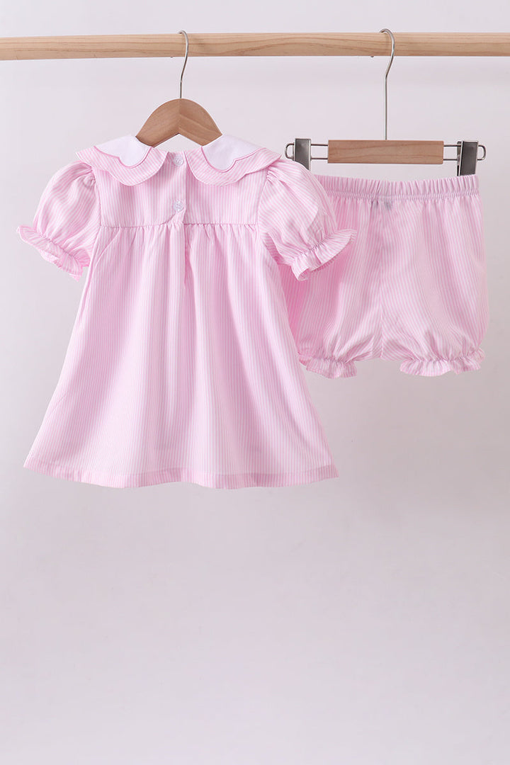 Pink Stripe Bunny Bow Embroidered Bloomer Set
