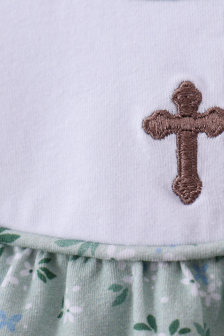 Sage Cross Embroidered Floral Ruffle Bubble